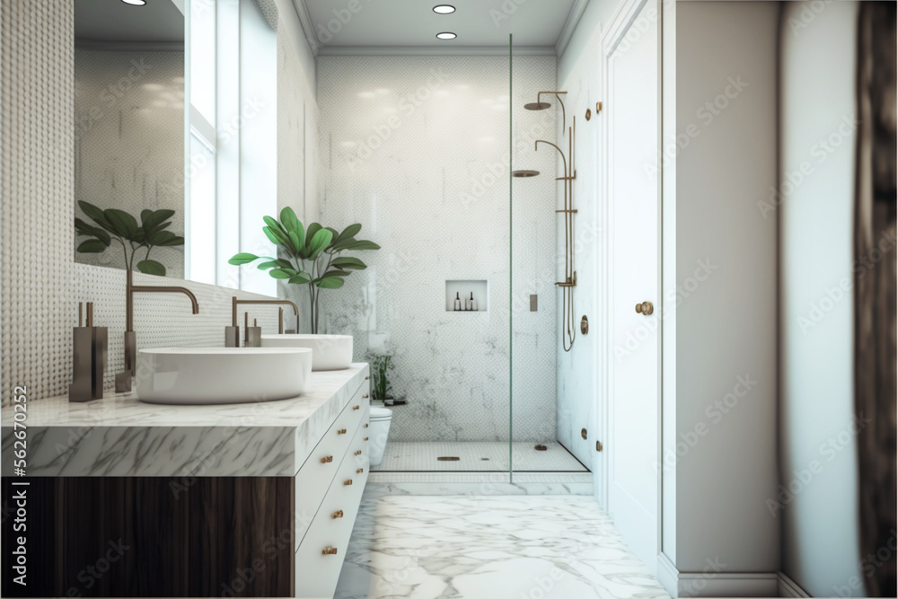 Luxury and modern bathroom interior, spacious large minimal, Stylish vessel sink, large mirror, green plants in a hotel, apartment, or house Luxury and modern bathroom interior, spacious large minimal, Stylish vessel sink, large mirror, green plants in a hotel, apartment, or house