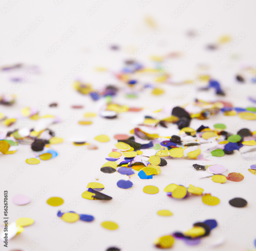Close up of colorful confetti on white background created using Generative AI technology Close up of colorful confetti on white background created using Generative AI technology