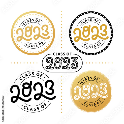 Graduate 2023 set. Class of 2023. Lettering Graduation logo stamp. Vector illustration. Template for graduation design, party, high school or college graduate, yearbook.
