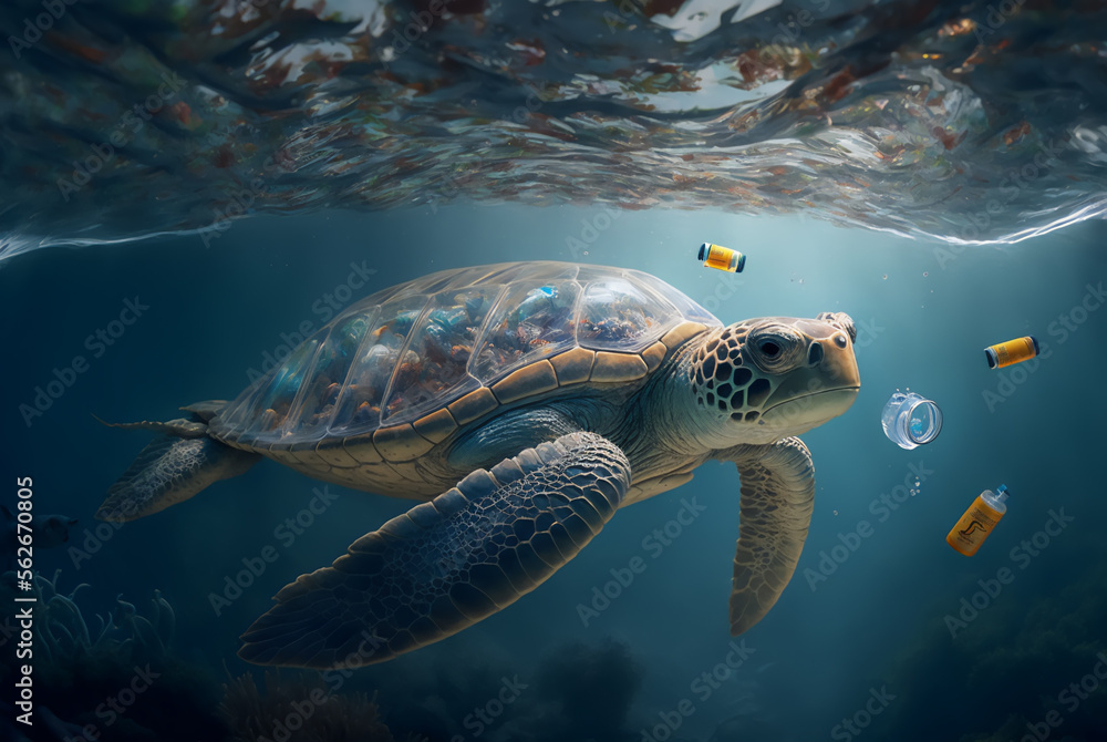 Obraz premium Turtle with a plastic bag. Ocean plastic pollution concept. Generative AI
