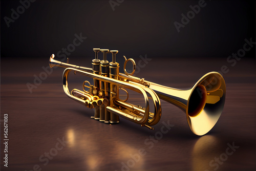 Trumpet on black background, brass wind musical instrument, isolated, generative ai