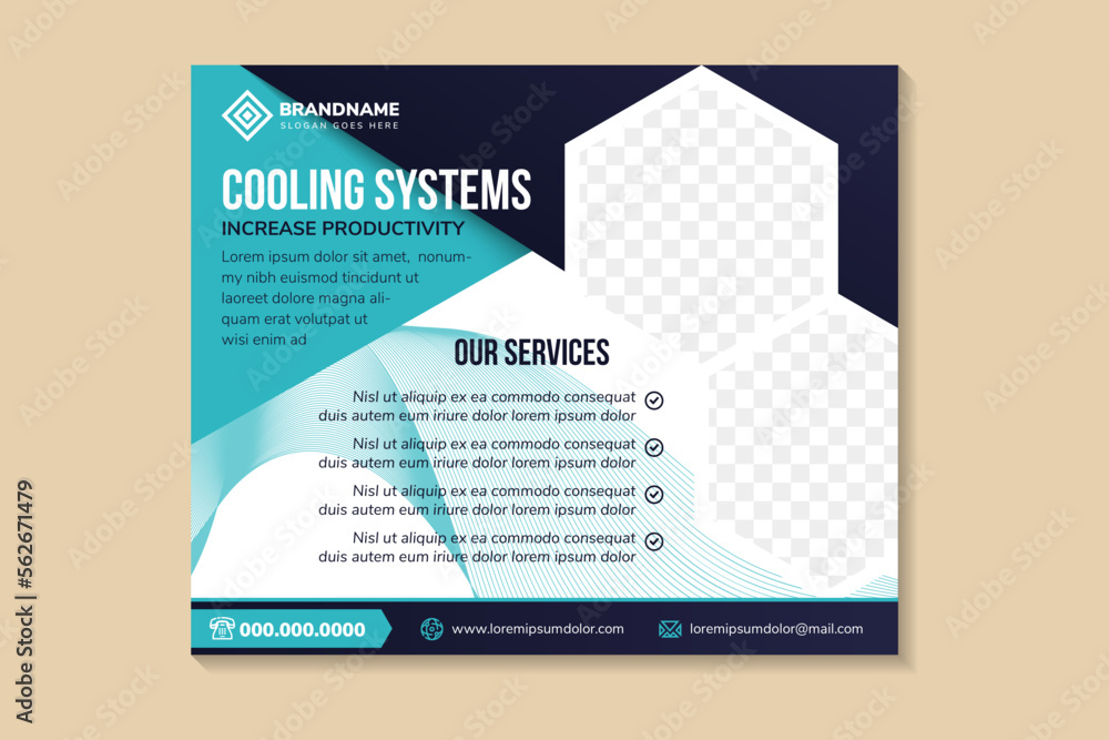 brochure template design with headline is cooling systems technology. space of photo collage and text. Advertising banner with horizontal layout. multicolor blue element and background. blend line. brochure template design with headline is cooling systems technology. space of photo collage and text. Advertising banner with horizontal layout. multicolor blue element and background. blend line.