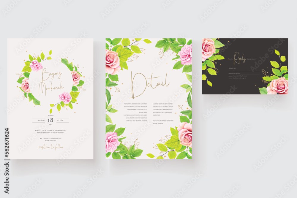 beautiful floral roses and leaves wedding invitation card set beautiful floral roses and leaves wedding invitation card set