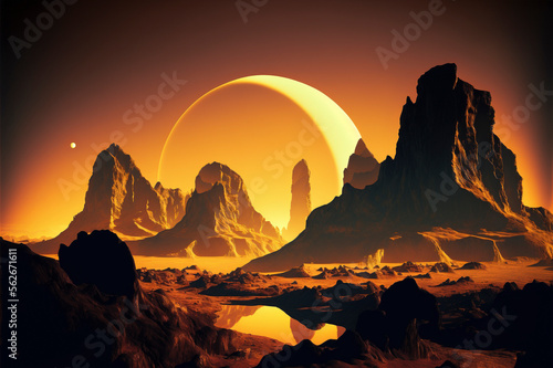 sunset on alien planet  planets and moons in colorful light  fantasy space. Created with Generative AI technology.