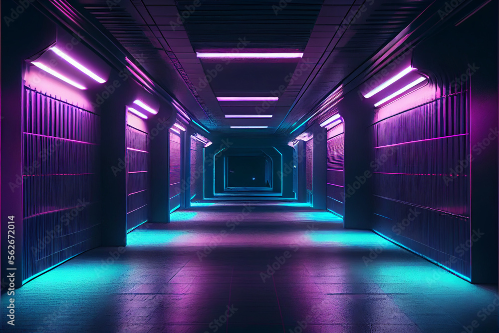 a long hallway with purple and blue lights, cyberpunk art, Generative AI