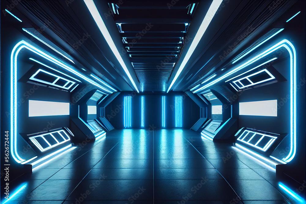 Sci Fi Futuristic Spaceship Warehouse Alien Tunnel Cyber Blue Neon ...