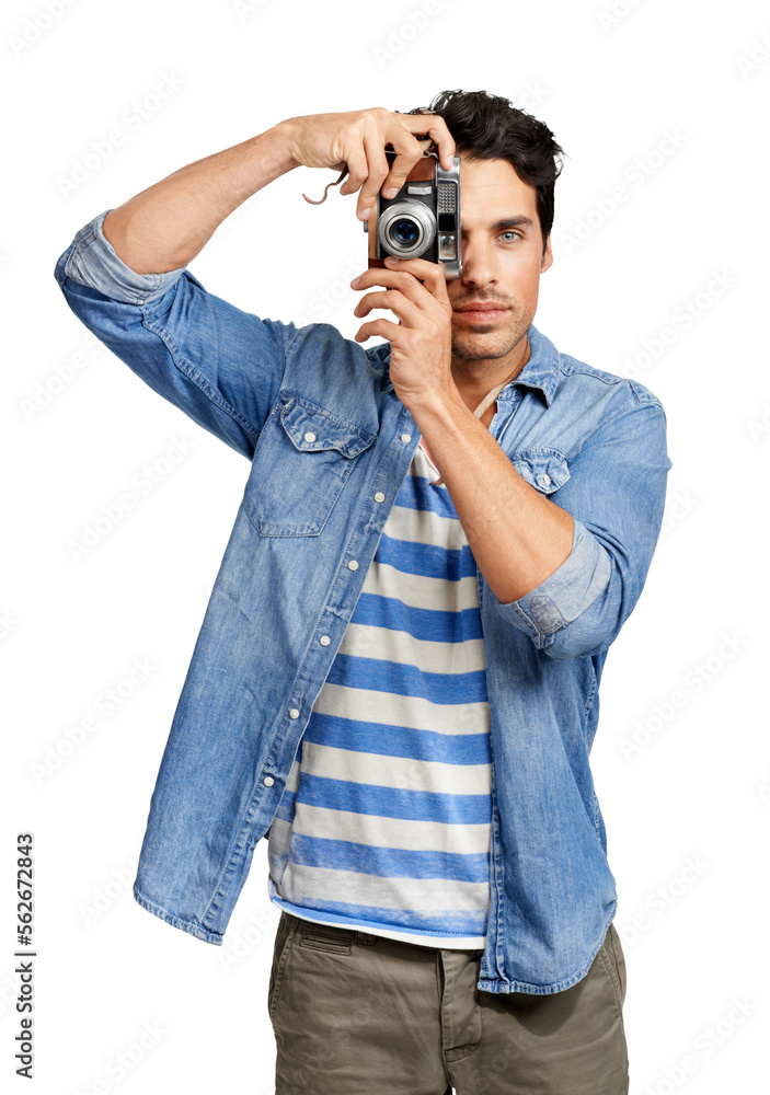 A handsome young man taking a picture of you Isolated on a PNG background. A handsome young man taking a picture of you Isolated on a PNG background.