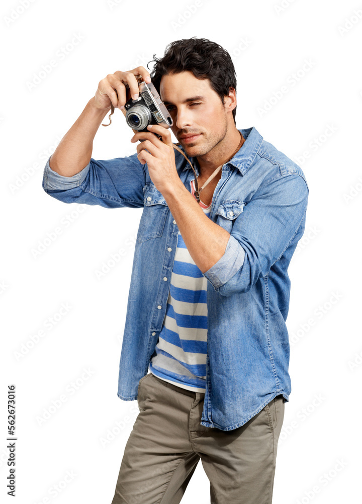 A handsome young man taking a picture with his camera Isolated on a PNG background. A handsome young man taking a picture with his camera Isolated on a PNG background.