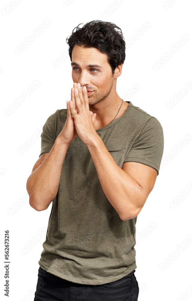 A handsome young man standing with his hands together Isolated on a PNG background.in a hopeful gesture A handsome young man standing with his hands together Isolated on a PNG background.in a hopeful gesture