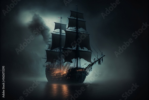Obraz na płótnie Vieux bateau pirate au mouillage dans une baie, il fait nuit, le temps est brume