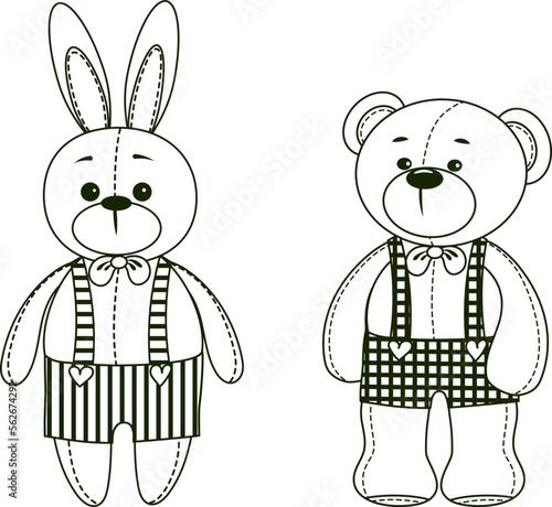 Vector hand-drawn illustration of cute teddy bears and a rabbit. Clipart for Valentine's day, birthday, Christmas, holiday. Doodle.