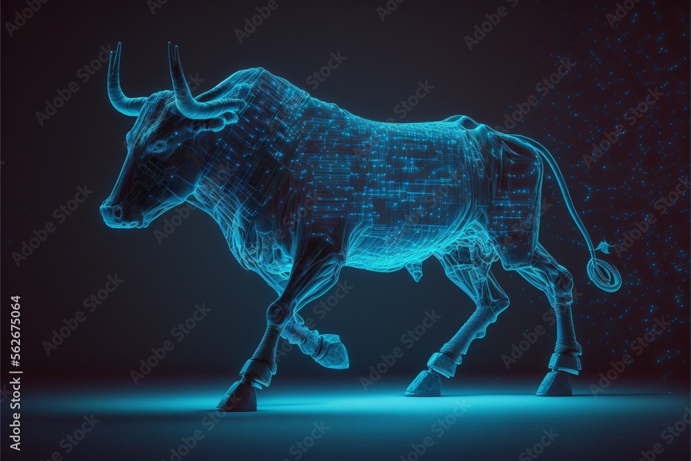 Neon digital bull glowing in the dark created with generative AI technology. High quality illustration