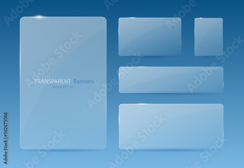 A set of transparent banners on a gray background. Banners with reflections in the style of glass morphism. Vector illustration.