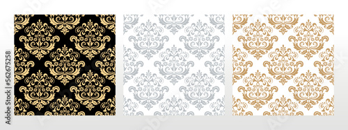 Wallpapers in the style of Baroque. Seamless vector backgrounds. Set of colored floral ornaments. Graphic patterns for fabric, wallpaper, packaging. Ornate Damask flower ornaments