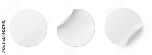 A set of three stickers with curved edges on a white background. Round, paper sheets for notes. Empty labels. Vector illustration