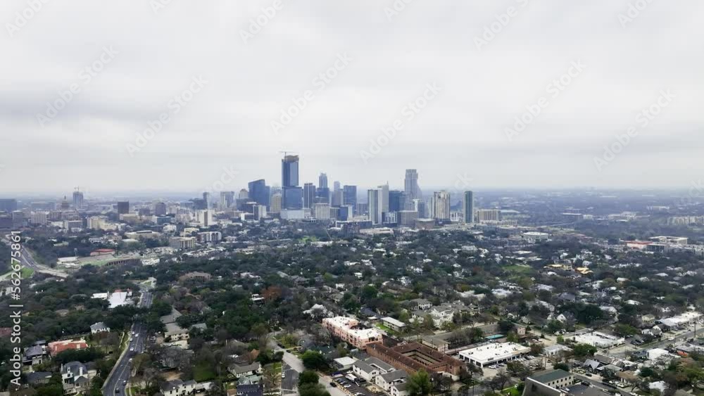 Austin city skyline, dark, fall day in Texas, USA - wide, panoramic, Aerial view Austin city skyline, dark, fall day in Texas, USA - wide, panoramic, Aerial view