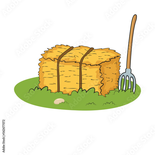 Stacked bale of straw. Pitchfork, stone and plants. Vector illustration.