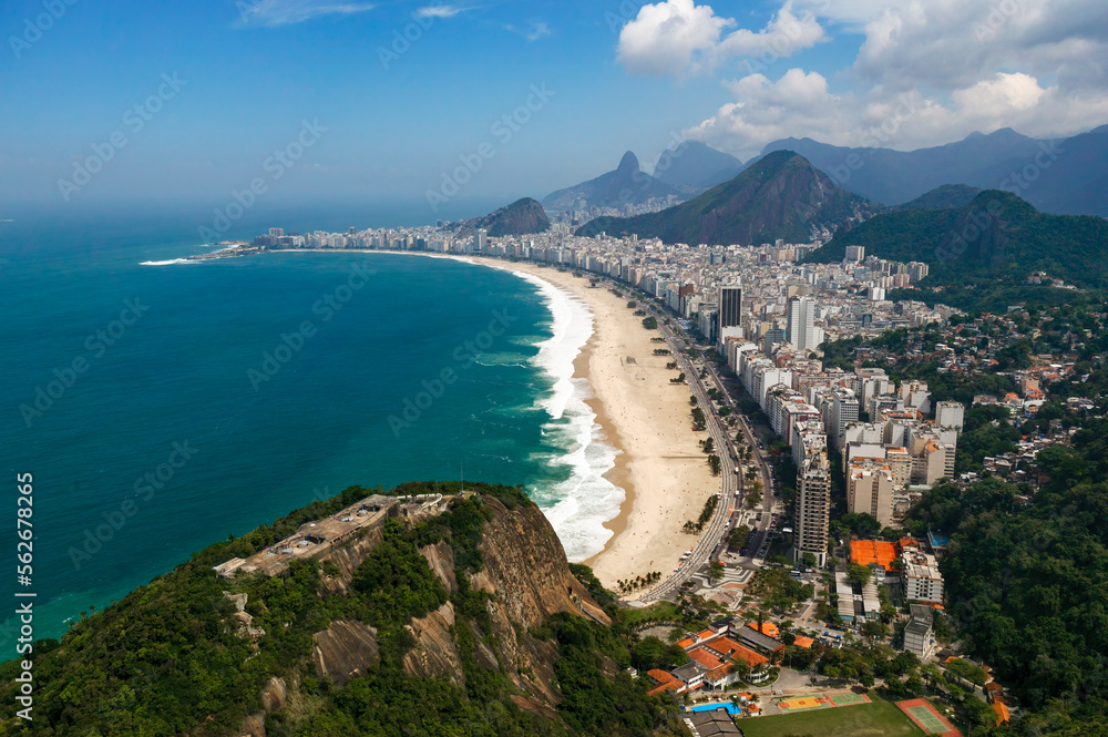Aerial view of Copacabana beach and the beachfront hotels. Rio de Janeiro. Brasil.