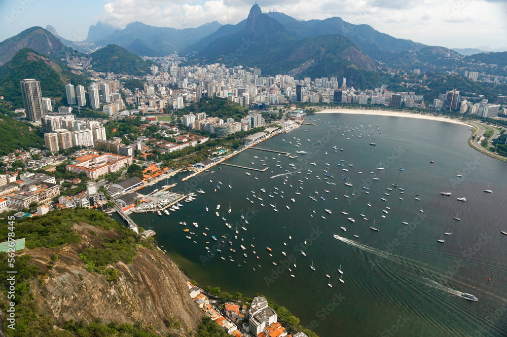 Obraz premium View of Guanabara Bay, Botafogo and, in the distance, the Christ the Redeemer statue on Corcovado mountain. Rio de Janeiro. Brasil.