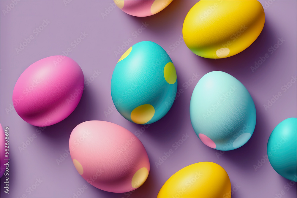 Top view on Easter eggs on uniform background. Traditional decorated eggs. Generative AI
