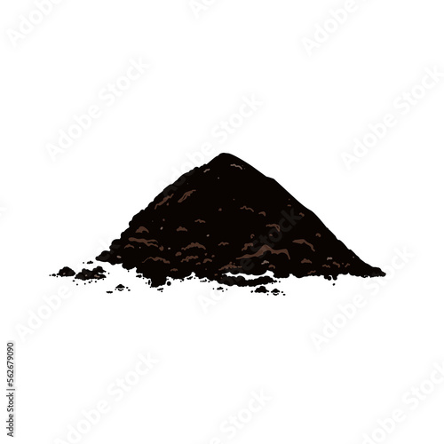 Black soil pile, dirt or humus mound in front view isolated on white background. Flat vector realistic illustration of heaps of organic ground, topsoil or peat