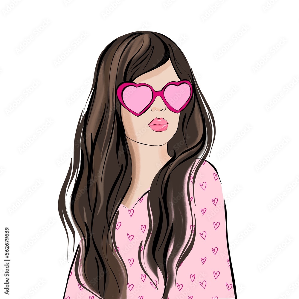 Girl with heart-shaped glasses and heart print sweater on a white background. Valentine's Day illustration Girl with heart-shaped glasses and heart print sweater on a white background. Valentine's Day illustration