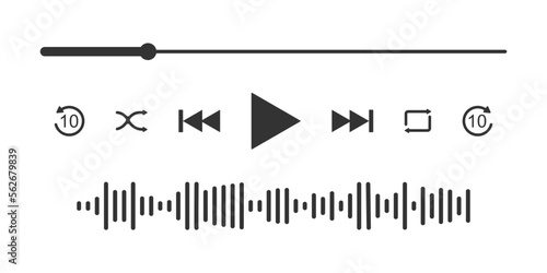 Video or music player interface with loading progress bar, equalizer wave and differet button icons. Simple mediaplayer panel template for mobile app. Vector graphic illustration