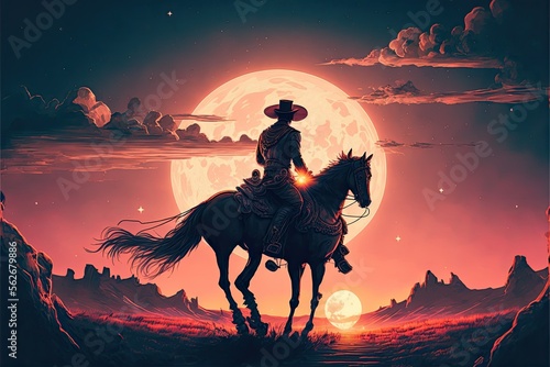 cowboy riding a horse against sunset , ai generated
