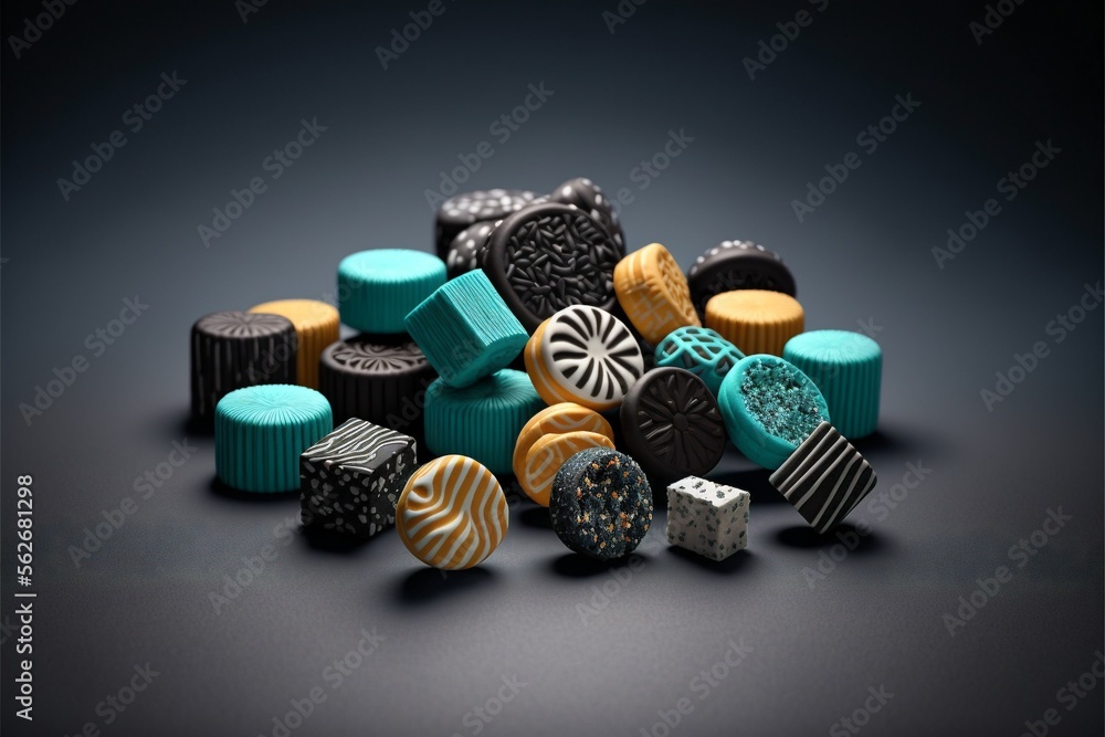 Licorice sweets on a black background created with generative AI technology Licorice sweets on a black background created with generative AI technology
