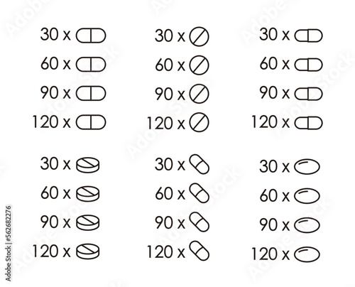 Set of icons for packaging of medicines and food supplements. Quantity indicator for pills, dragees and pearls.