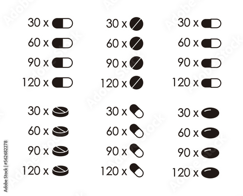 Set of icons for packaging of medicines and food supplements. Quantity indicator for pills, dragees and pearls