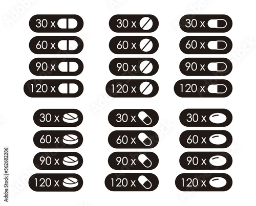 Set of icons for packaging of medicines and food supplements. Quantity indicator for pills, dragees and pearls. Black background