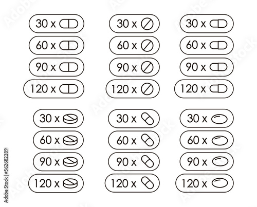 Set of icons for packaging of medicines and food supplements. Quantity indicator for pills, dragees and pearls.