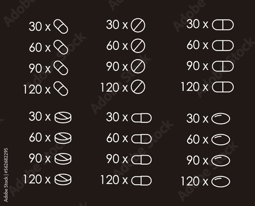 Set of icons for packaging of medicines and food supplements. Quantity indicator for pills, dragees and pearls. Black background.