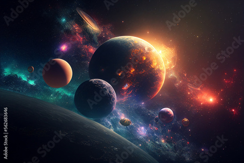 Colorful planets in space, background/wallpaper/desktop, generative ai
