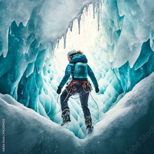 Climber woman climbing on the ice. Generative AI.