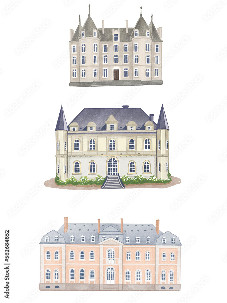 Beautiful big  old Castles, houses and  mansions. Hand drawn digital illustrations