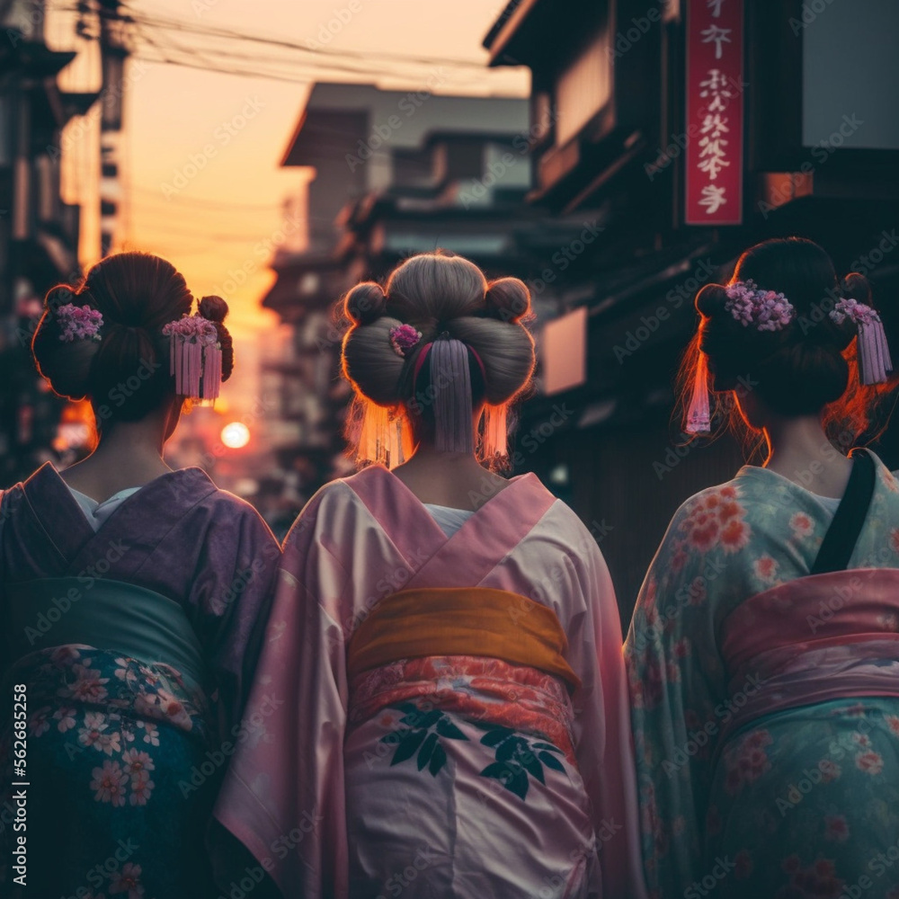 Back view of some Japanese women with Kimono. Generative AI. Back view of some Japanese women with Kimono. Generative AI.