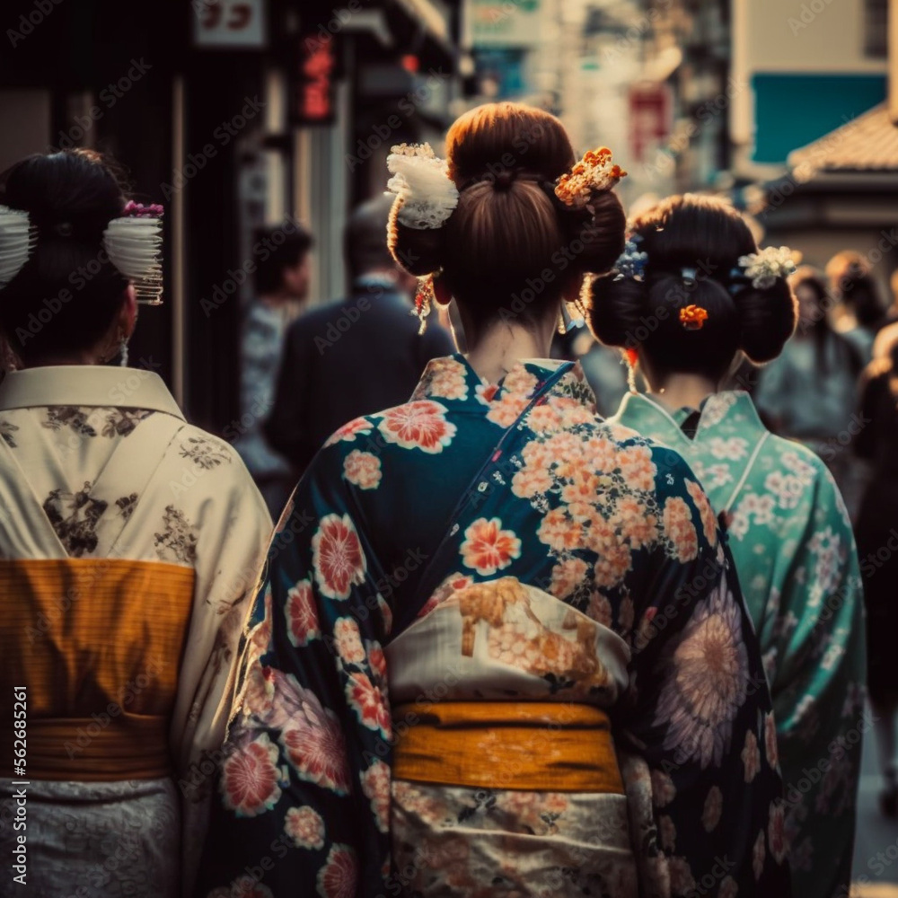 Back view of some Japanese women with Kimono. Generative AI. Back view of some Japanese women with Kimono. Generative AI.