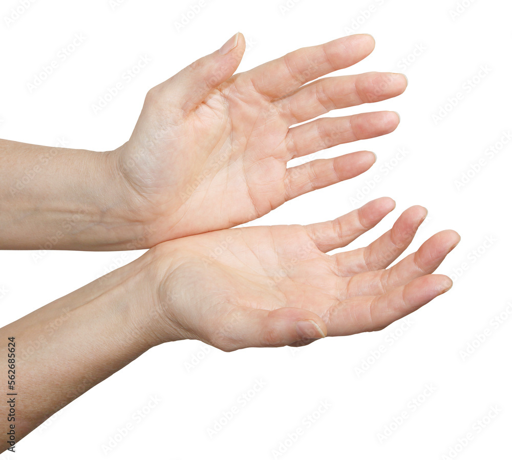 Female with open hands gesture  asking for help during cost of living crisis theme transparent png file