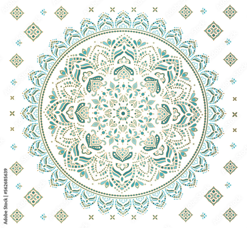 Luxury pattern on the white background. Vector mandala template. Golden design elements. Traditional Turkish, Indian motifs. Great for fabric and textile, wallpaper, packaging or any desired idea.