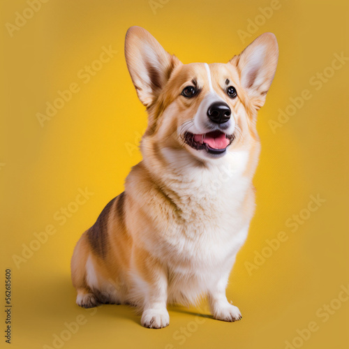 Corgi dog and a yellow background. Generative AI.