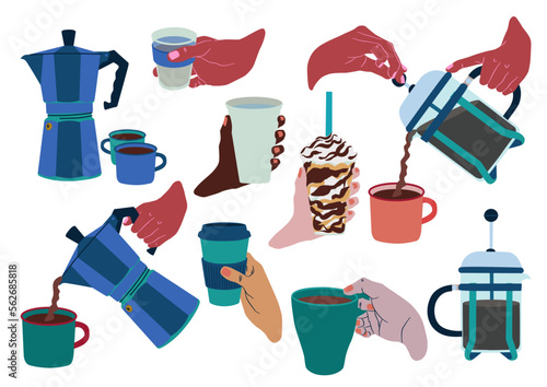 Conjunto de ilustraciones vectoriales, manos de distintos tonos de piel, ilustraciones del mundo del café. Mano con vaso, mano con taza, mano con café para llevar, mano con cafetera, etc 