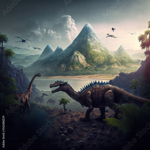 Landscape with various types of dinosaurs. Generative AI.