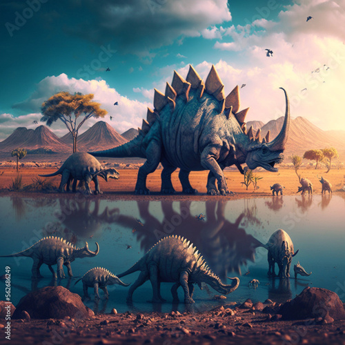 Landscape with various types of dinosaurs. Generative AI. © DALU11