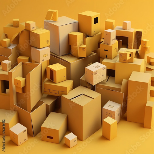 A lot of cardboard boxes in a yellow background. Generative AI.