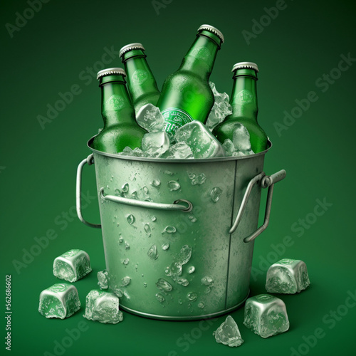 Bucket with some beers with ice. Generative AI.