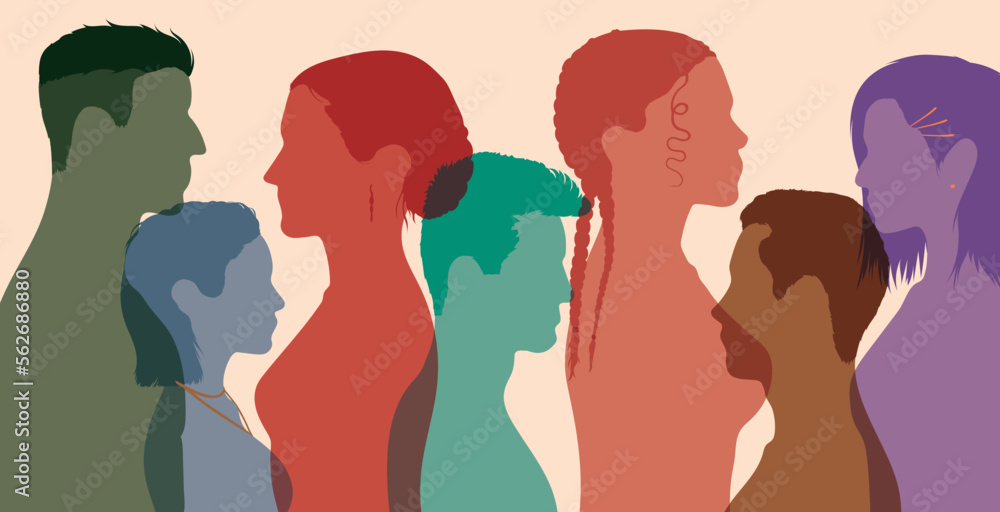 Crowd of men women and girl of diverse culture. Diversity in multi-ethnic and multiracial people. Flat vector illustration