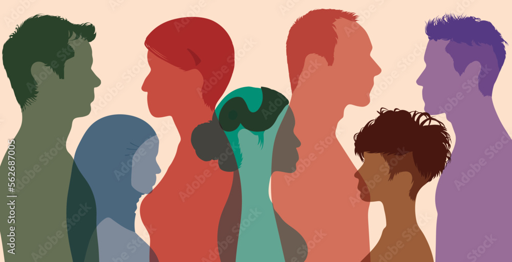 Crowd of men and women of diverse culture. Diversity of multicultural people. Flat vector illustration
