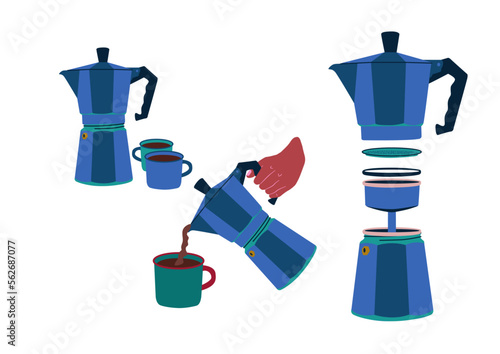 Set de ilustraciones de cafeteras. Cafetera italiana con mano sirviendo café. Cafetera italiana desmontada